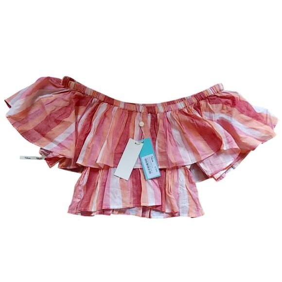 SHORE Celia‎ Flounce Striped Ruffle Crop Top Peasant Blouse sz Med NWT $118 - Picture 2 of 3